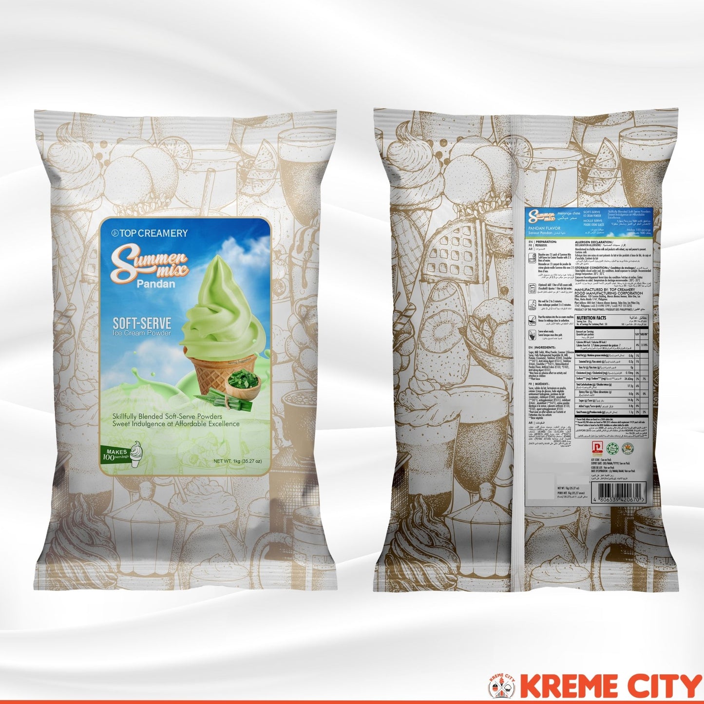 TOP Creamery Summer Mix Pandan Soft Serve Ice Cream Powder Premix 1kg